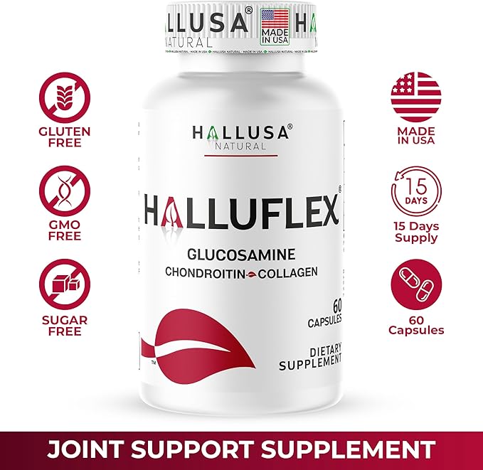 Hallusa Natural Halluflex Joint Support Supplement for Women &amp Men Glucosamine Chondroitin 2850mg 180 Capsules Plus Hydrolyzed Collagen Mobility Flexibility &amp Joint Health