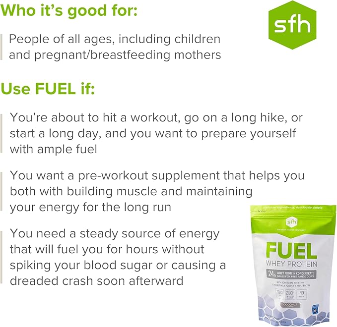 SFH Fuel Whey Protein Powder Great Tasting Grass Fed Whey | MCTs &amp Fiber for Energy | All Natural | Soy Free Gluten Free No RBST No Artificial Flavors (Coconut (2lb Bag))