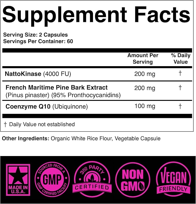 Nattokinase Supplement 4000 FU CoQ10 100mg French Maritime Pine Bark Extract 200mg with Enzymes for Circulatory &amp Cardiovascular Support (Pack of 1 at 120-Caps)