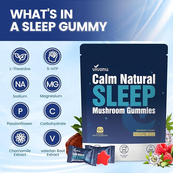 Sleep Gummies for Adults with L-Theanine Magnesium Reishi MushroomValerian Root Passionflower | Non-Habit Forming Sleep Aid | Non-GMO Sleep Gummies Melatonin Free | Raspberry Flavor (180pcs)