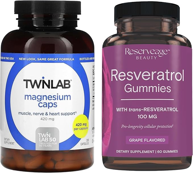 Twinlab Magnesium Caps - for Stress Relief 420 mg 200 Count 1 Pack &amp Reserveage Beauty- Resveratrol Gummies 100 mg Vegan - 1 Pack