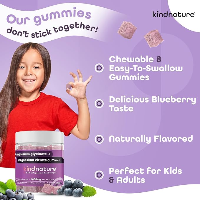 KINDNATURE Magnesium Glycinate &amp Citrate Gummies – Calm Magnesium Complex for Sleep Stress Cramps &amp Digestion – Chewable Vegan Magnesium Supplement for Women Teens Adults – 60 Ct