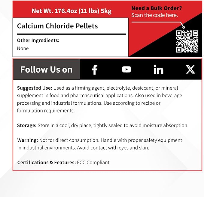 Calcium Chloride Pellets - 5 kg (11 lb) - Food Grade Anhydrous 94-97%
