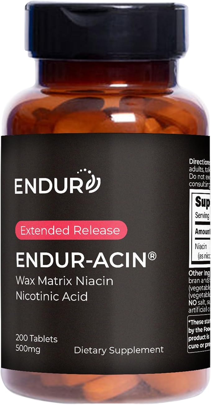 ENDUR-ACIN - Niacin B3 - ER (Extended Release) 500 mg - Nicotinic Acid - Healthy Heart &amp Cholesterol Balance Supplement - Low-Flush High-Potency Niacin with 4–8 HR Timed-Release Matrix - 200 Table