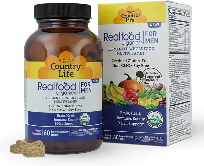 Country Life RealFood Organics for Men – 60 Tablets | 1300mg Organic Fermented Whole Foods 7-Mushroom Superfood &amp Aloe – Certified Gluten-Free Vegan &amp USDA Organic Multivitamin