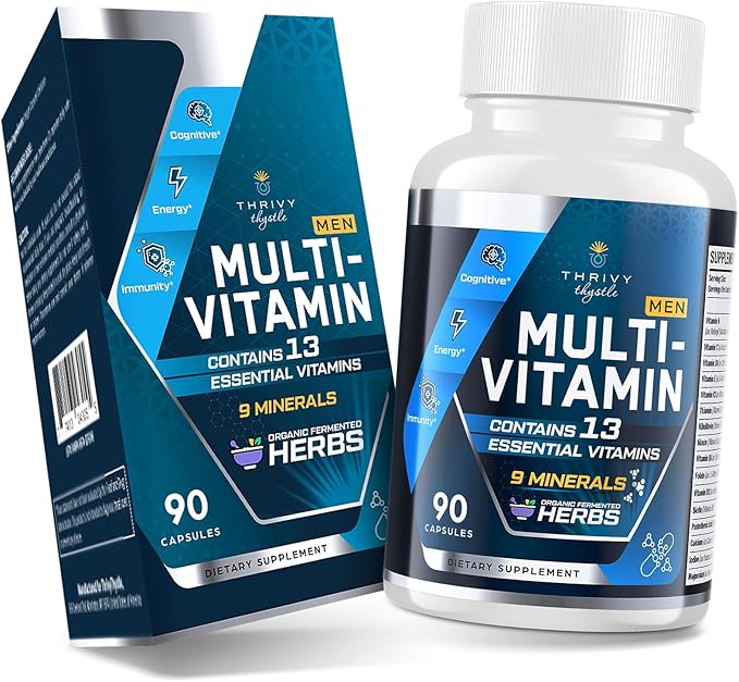 Multivitamin for Men 50+ with Methylated B12 &amp Folate Omega-3 &amp CoQ10 – Fermented Herbal Blend 43 Vitamins &amp Minerals – Supports Brain &amp Memory and Immune Health - 90 Capsules