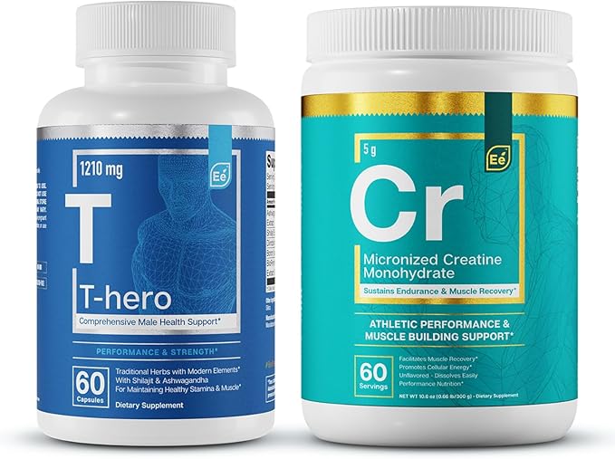 Essential Elements T-Hero + Micronized Creatine Monohydrate | Male Health Supplement - Muscle Support &amp T-Health