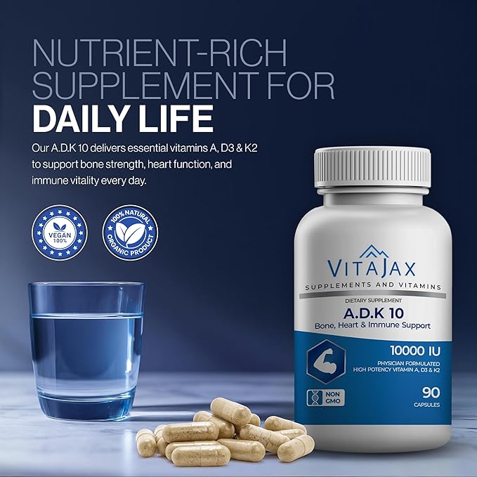 ADK 10 - Vitamin ADK Supplement 90 Capsules - High Potency Vitamin A D3(10000 IU) K2 as MK-7 for Bone Heart &amp Calcium Absorption – Non-GMO Gluten Free (3-Month Supply)
