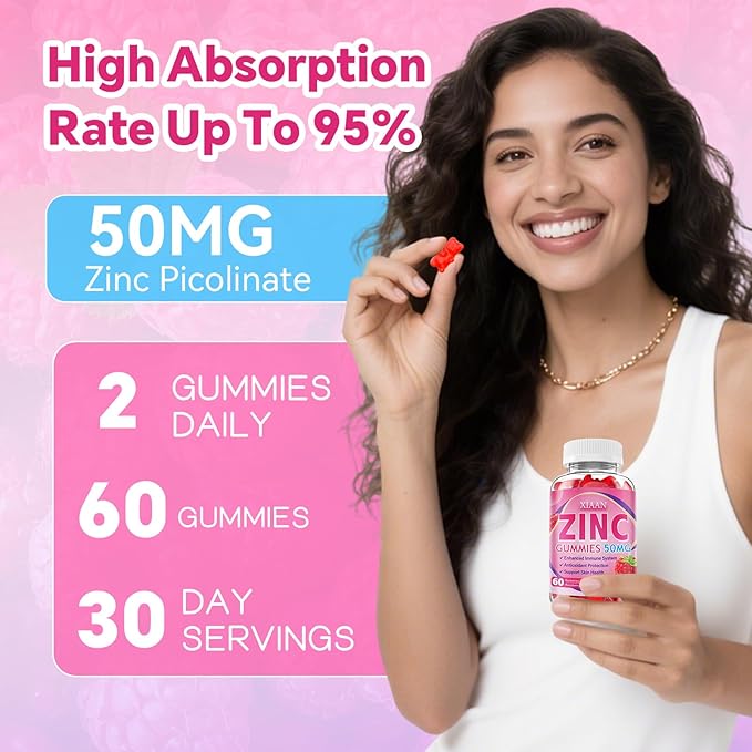 Zinc Gummies for Kids &amp Adults Chewable Zinc Supplements for Women &amp Men Supports Immune System &amp Cellular Health &amp Antioxidant Protection Vegan/Sugar-Free Raspberry Flavor 120 Coun