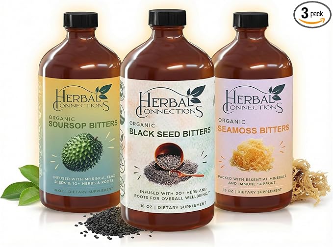 Organic Soursop Bitters Black Seed Bitters and Sea Moss Bitters - Natural and Vegan Blend for Vitality &amp Wellness - Pack of Three 16-Ounce Bottles