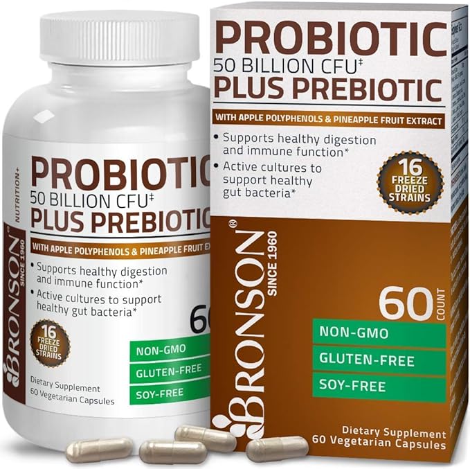 Bronson Probiotic 50 Billion CFU + Prebiotic with Apple Polyphenols &amp Pineapple Fruit Extract Vitamin C Powder Pure Ascorbic Acid Soluble Fine Non GMO Crystals