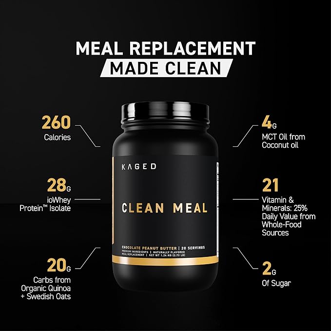 Kaged Clean Meal Powder | Chocolate Peanut Butter | Meal Replacement Shake | Whey Protein Isolate | Clean Carbs MCT Oil Fats Organic Vitamins and Minerals | Supplements for Men &amp Women | 20 Serv