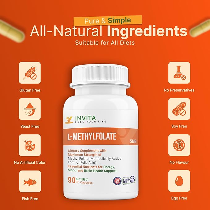 INVITA L-Methylfolate 5mg – Physician Formulated Active Methyl Folate - 5-MTHF Supplement for Energy Mood &amp Brain Health Support - Non GMO Gluten Free 90 Capsules (3 Month Supply)