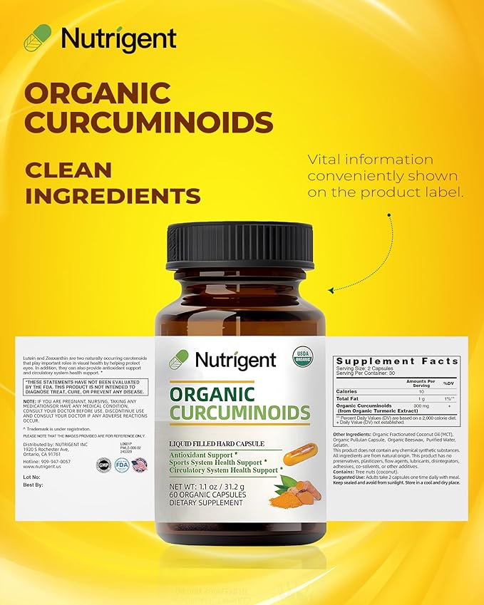 USDA Organic Turmeric Curcumin Supplement Turmeric Extract with Curcuminoids 300 mg Liquid Organic Capsules Antioxidant Bone &amp Joint Support No-Gluten 60 Count