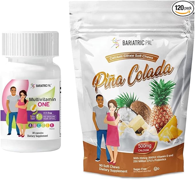 BariatricPal 30-Day Bariatric Vitamin Bundle (Multivitamin ONE 1 per Day! Iron-Free Capsule and Calcium Citrate Soft Chews 500mg with Probiotics - Piña Colada)