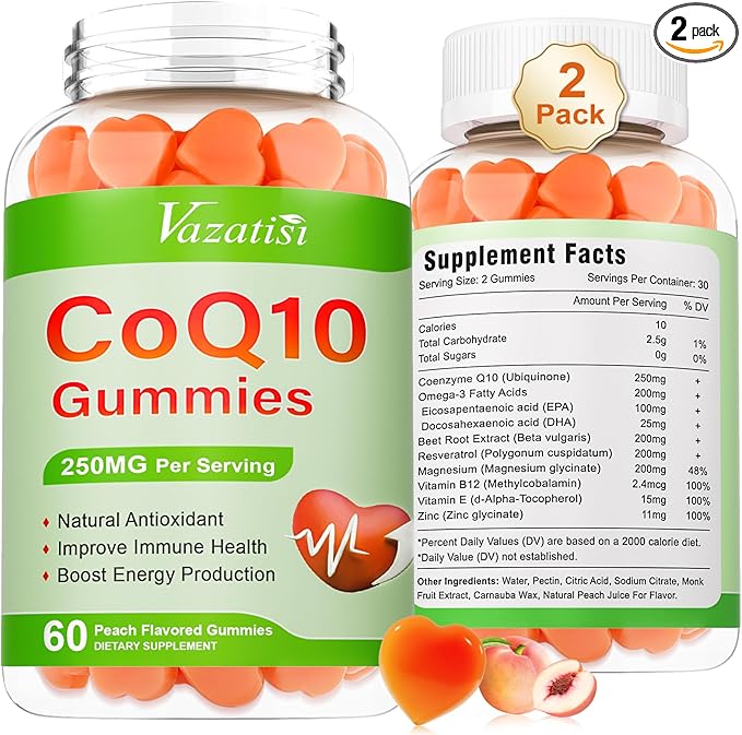 2 Pack CoQ10 Gummies 250 mg Plus Omega-3 Magnesium Vitamin B12 for Cellular Energy Brain &amp Antioxidant 5X Better Absorption Coenzyme Q10 Supplement - 120 Cts