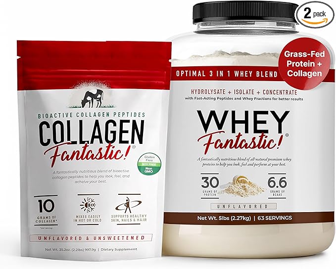3-in-1 Whey Protein Powder Unflavored 5lb - 30g Grass-Fed Protein per Serving + Collagen Peptides Powder 2.2lb – 10g Hydrolyzed Type I &amp III Collagen Per Scoop – Non-GMO – Bundle