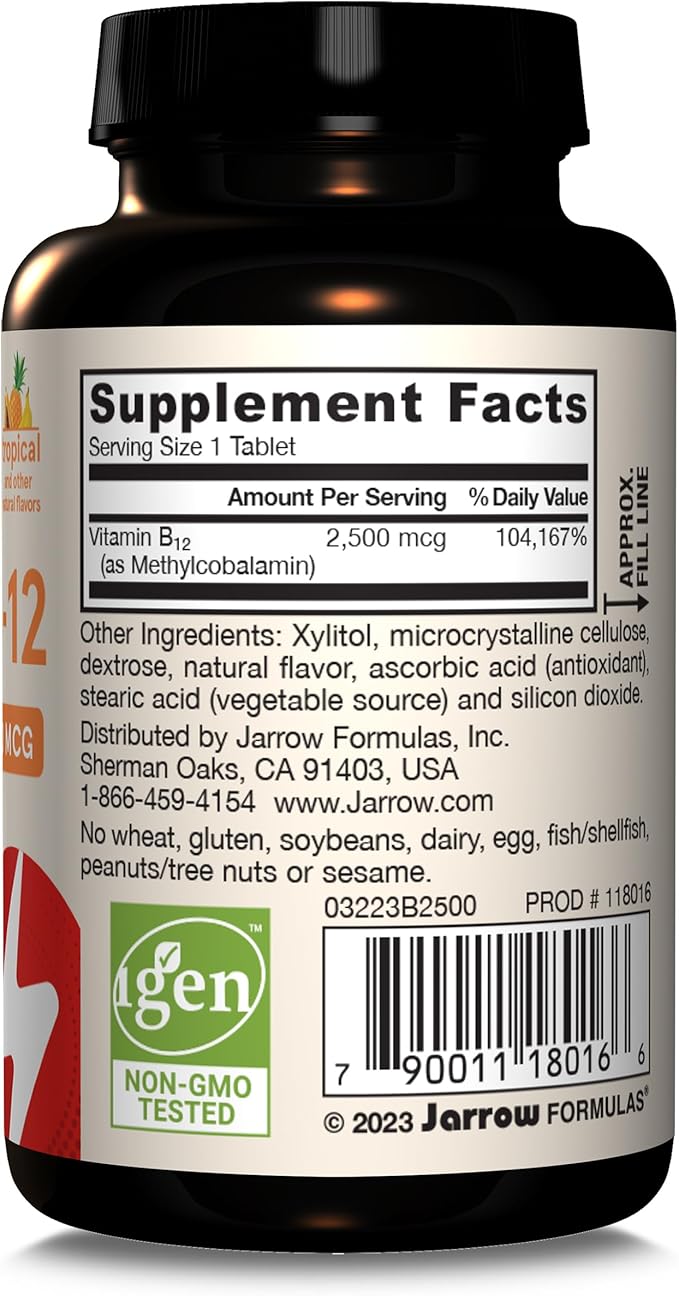 Jarrow Formulas Ultra Strength Methyl B-12 Dietary Supplement for Cellular Energy Production 100 Tropical-Flavored Chewable Tablets Up to a 100 Day Supply Pack of 12