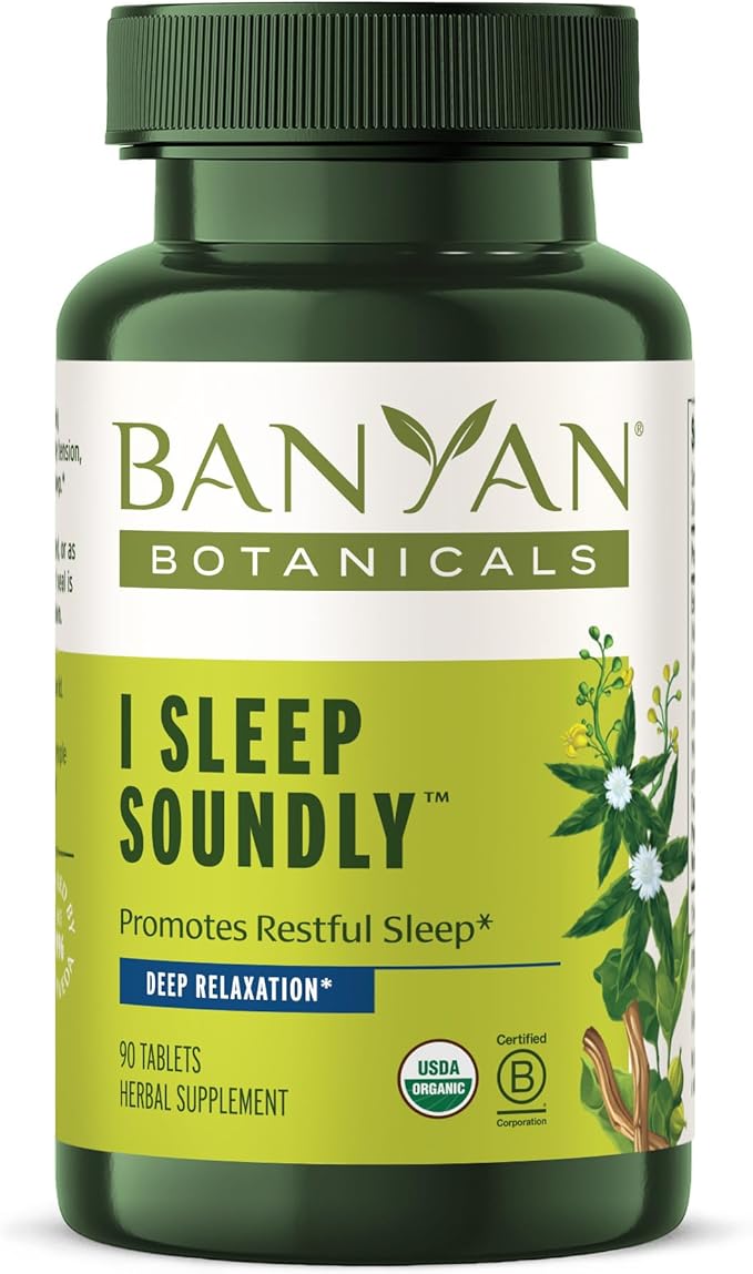 Banyan Botanicals I Sleep Soundly–Organic Deep Sleep Supplement –Natural Melatonin-Free Sleep Aid for Relaxation &amp Nighttime Tension–with AshwagandhaValerian &amp Chamomile-90 Tablets-USDA Organ