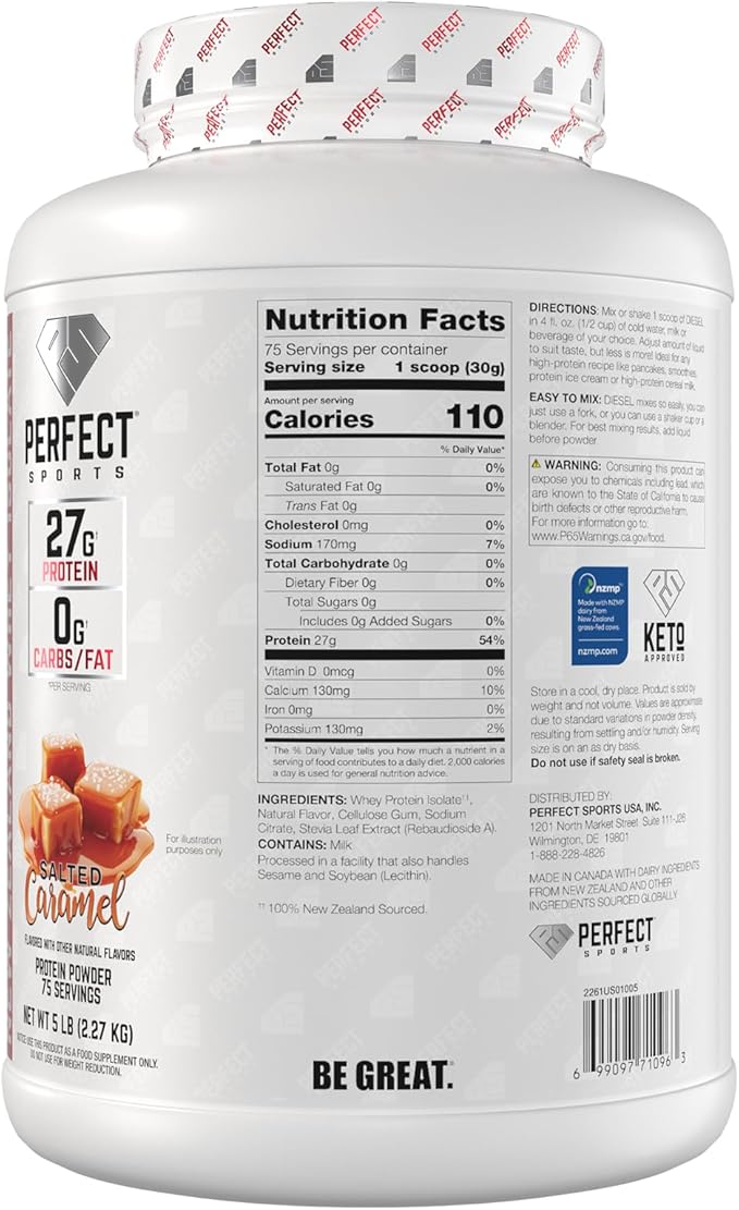 PERFECT SPORTS Diesel 100% New Zealand Whey Protein Isolate | Stevia Sweetened No Artificial Ingredients Keto | 0g Carb 0g Fat 27g Protein | 5 Pounds (Salted Caramel)