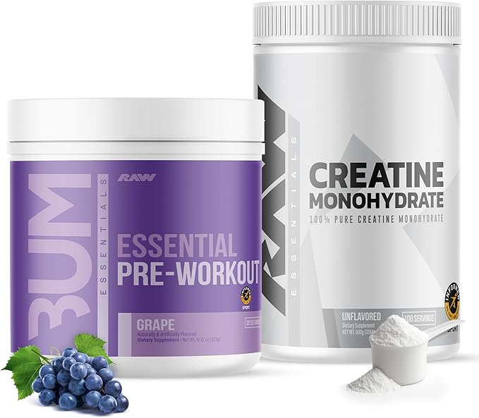 RAW Nutrition Creatine Monohydrate &amp Grape Pre-Workout Powder Bundle