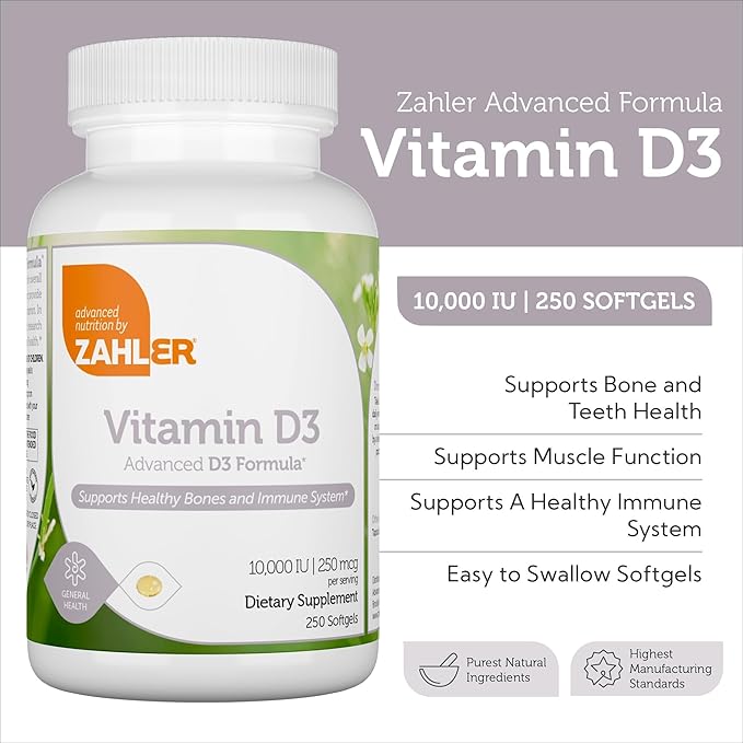 Zahler - Advanced Vitamin D3 10000 IU Softgels (250 Count) Kosher Vegetarian Friendly Vitamin D for Immune Support Bone Teeth &amp Muscle Health - Easy Swallow VIT D 3