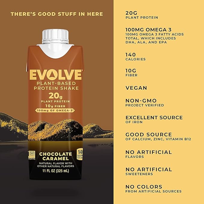 Evolve Plant Based Protein Shake Chocolate Caramel 20g Vegan Protein Dairy Free No Artificial Sweeteners Non-GMO 10g Fiber 11oz (12 Pack)