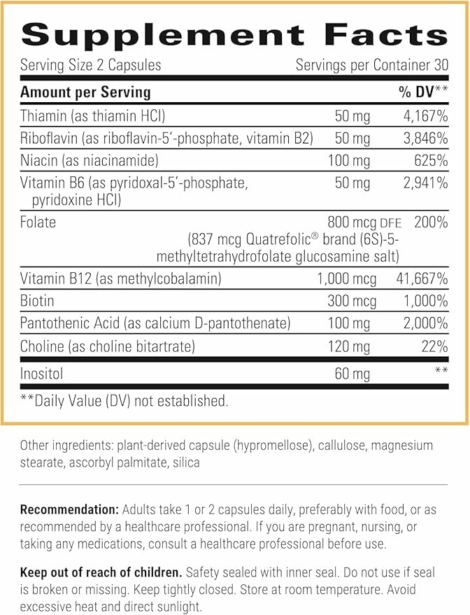 Integrative Therapeutics Active B-Complex - with Choline and Methyfolate - Cellular Energy Immune Function &amp Heart Health Support with Vitamins B2 B6 &amp B12*- Gluten-Free - 120 Capsules (60 S