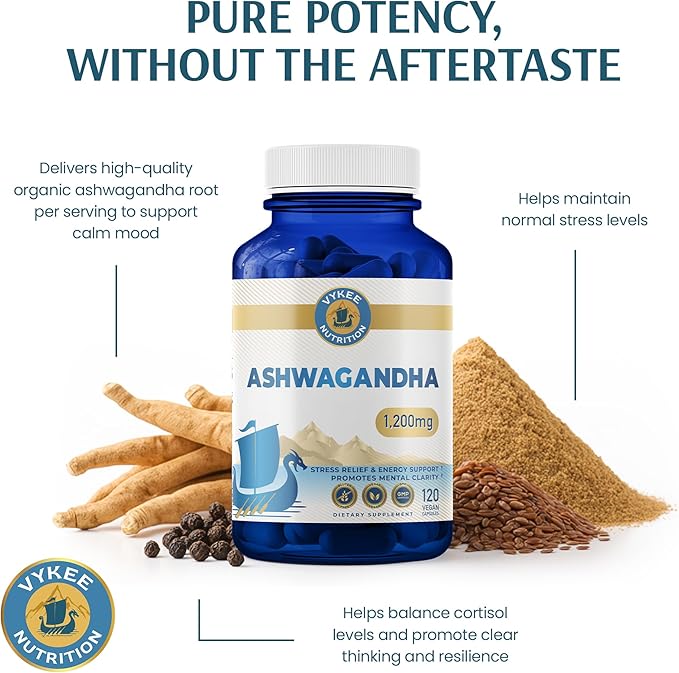 Vykee Nutrition Ashwagandha Capsules - 1200 High Potency Herbal Supplement with Piperine for Stress Focus and Sleep Support - Vegan Non-GMO Gluten-Free - 120 Count