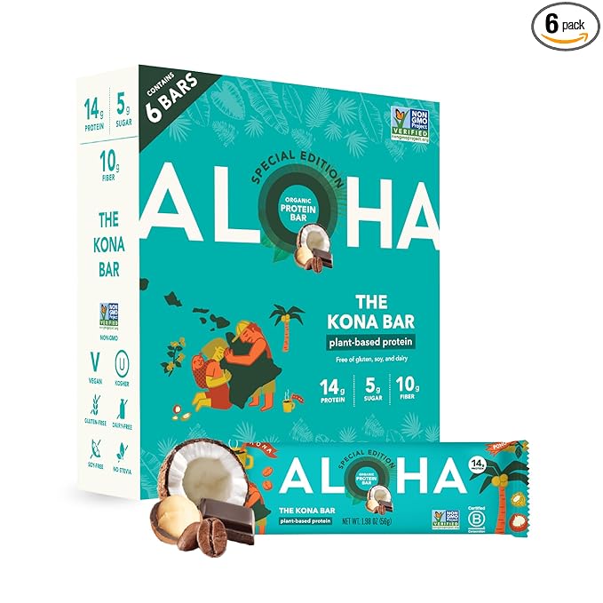 ALOHA Organic Plant Based Protein Bars | The Kona Bar - Special Edition | 6 Count 1.98oz Bars | Vegan Low Sugar Gluten Free Paleo Low Carb Non-GMO Stevia Free Soy Free No Erythritol