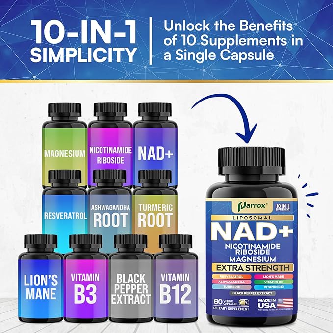 NAD+ Supplement with Liposomal NAD+ Nicotinamide Riboside Magnesium Vitamin B3 &amp B12 Resveratrol Turmeric Ashwagandha Lion’s Mane10-in-1 Extra Strength (3 Pack)