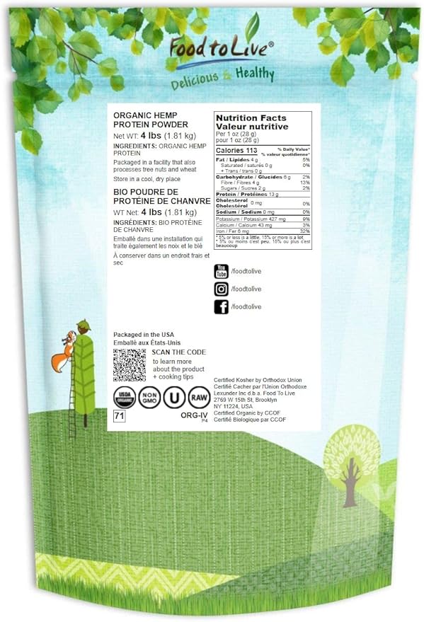 Food to Live Organic Hemp Protein Powder 4 Pounds — 50% Protein Non-GMO Non-Irradiated Pure Kosher Vegan Superfood Rich in Iron and Fiber
