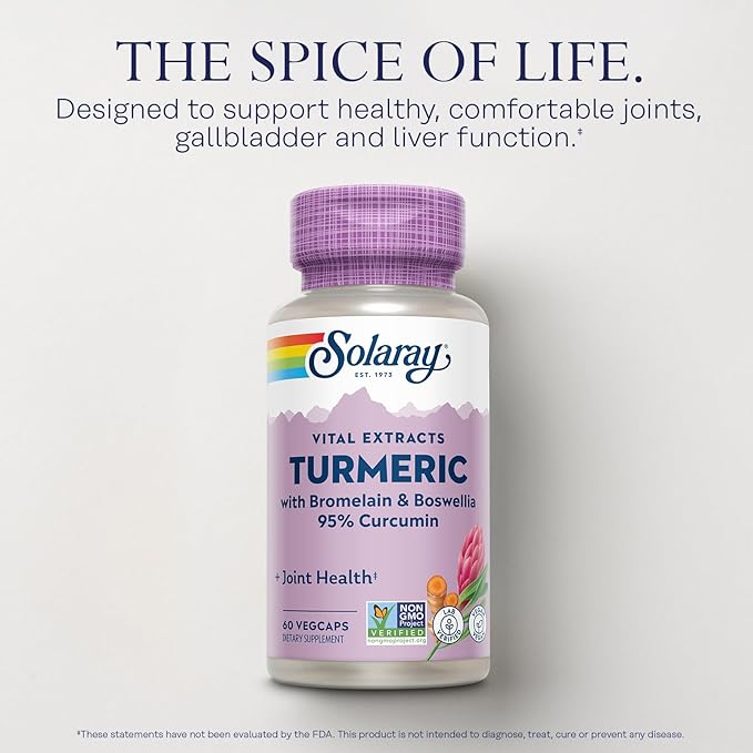SOLARAY Turmeric Supplement with Bromelain and Boswellia 95% Curcumin Turmeric Curcumin Supplement for Joint Support Gallbladder Liver Support Non-GMO Vegan 60-Day Guarantee 60 Servings