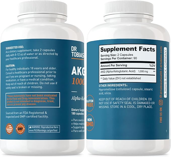 Dr. Tobias AKG Supplement &amp Vitamin D3 - Optimize Cellular Energy &amp Bone Health with High-Potency Vitamin D &amp Bioavailable AKG Non-GMO