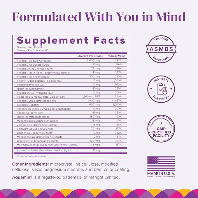 BariMelts Once Daily Bariatric Multivitamin with Iron 60 Easy-Swallow Caplets (2-Month Supply) Multivitamin for Women Multimineral Complex Supports Nutrition After Bariatric Surgery