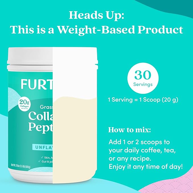 Further Food Unflavored Collagen Peptides Powder - 100% Grass-Fed Hydrolyzed Type 1 &amp 3 20g of Collagen per Serving Supports Skin Hair Nails &amp Joints 21.16 Oz