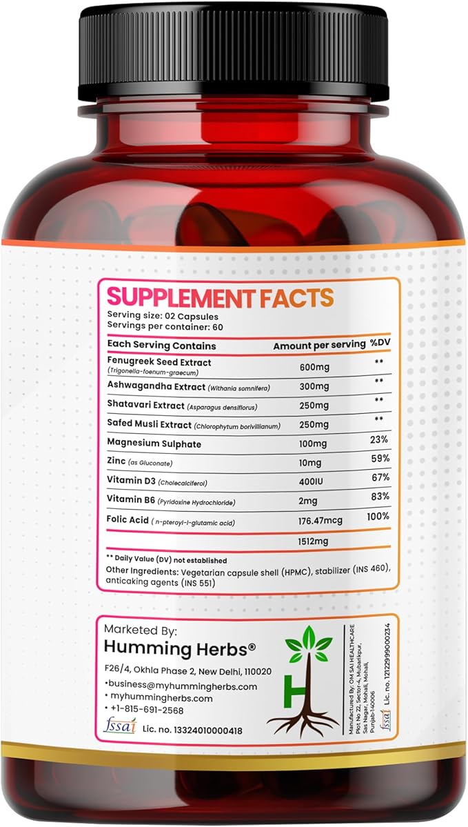 Humming Herbs Fenugreek Seed Extract Complex — with Ashwagandha Shatavari Safed Musli Magnesium Zinc Vitamin D3 B6 &amp Folate — 1512 mg per Serving — 120 Capsules (60 Days)