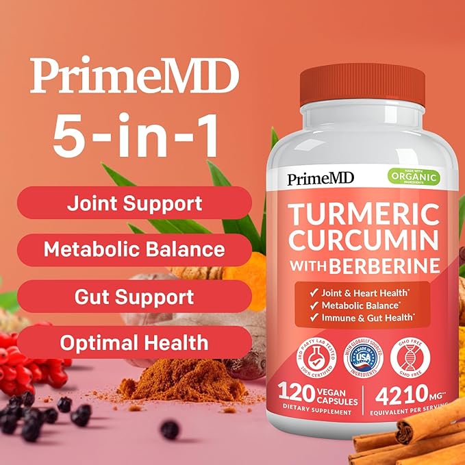 5-in-1 Organic Turmeric Curcumin Supplement (4210mg) with Berberine Ceylon Cinnamon Bioperine and Ginger Supplements for Joint Heart Gut &amp Metabolic Support (120 ct) (Pack of 2)