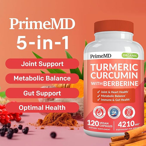 5-in-1 Organic Turmeric Curcumin Supplement (4210mg) with Berberine Ceylon Cinnamon Bioperine and Ginger Supplements for Joint Heart Gut &amp Metabolic Support (120 ct) (Pack of 2)