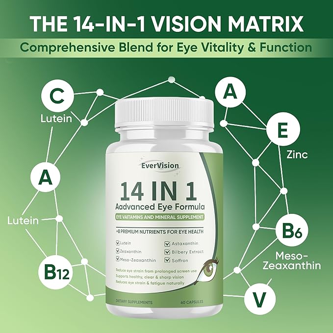 14 in 1 Advanced Eye Formula Eye Supplement with Lutein Zeaxanthin Astaxanthin Bilberry Extract &amp Zinc Eye Vitamin and Mineral Supplement for Adults &amp Seniors 60 Capsules (1)
