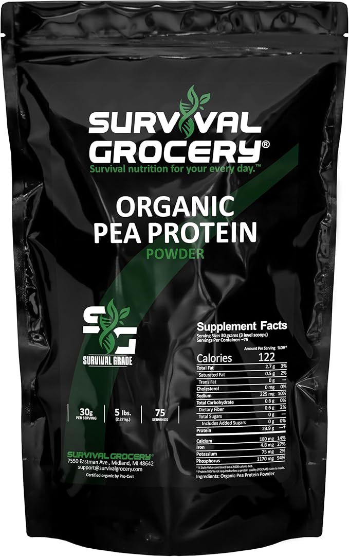 Survival Grocery® Organic Pea Protein - Organic Non-GMO North American Grown &amp Produced Gluten Free Vegan Survival Grade Protective Bulk Bags with Long Shelf Life (5 lbs./1 Bag)