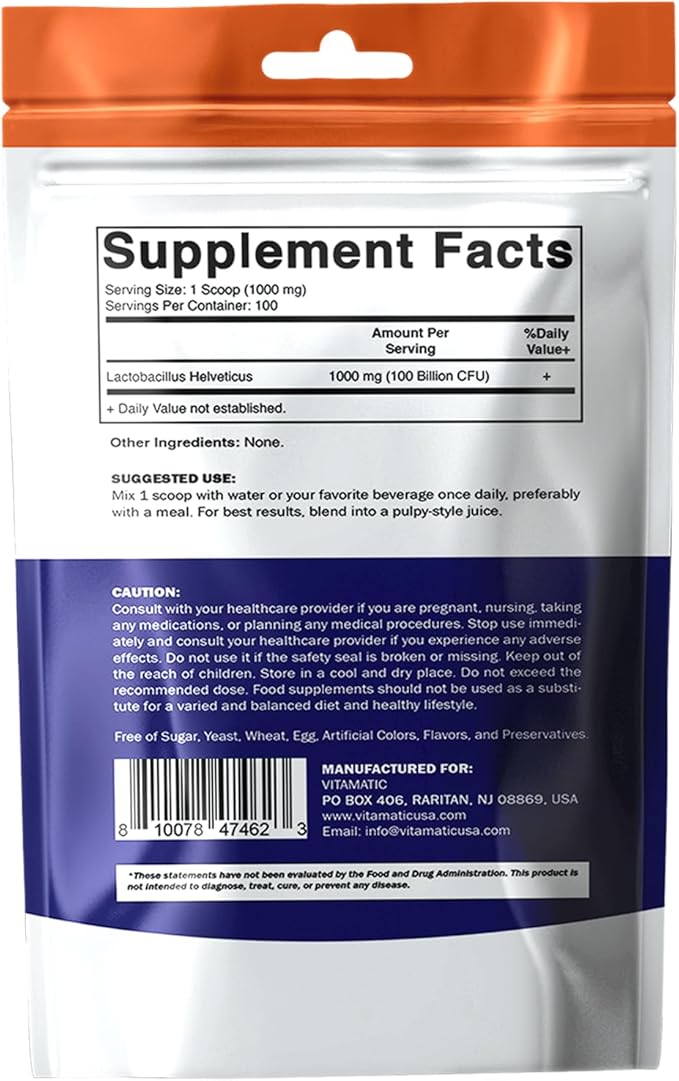 Vitamatic Lactobacillus Helveticus Probiotic Powder - Digestive Health Support - 100 Gram (3.5 OZ) - 100 Servings