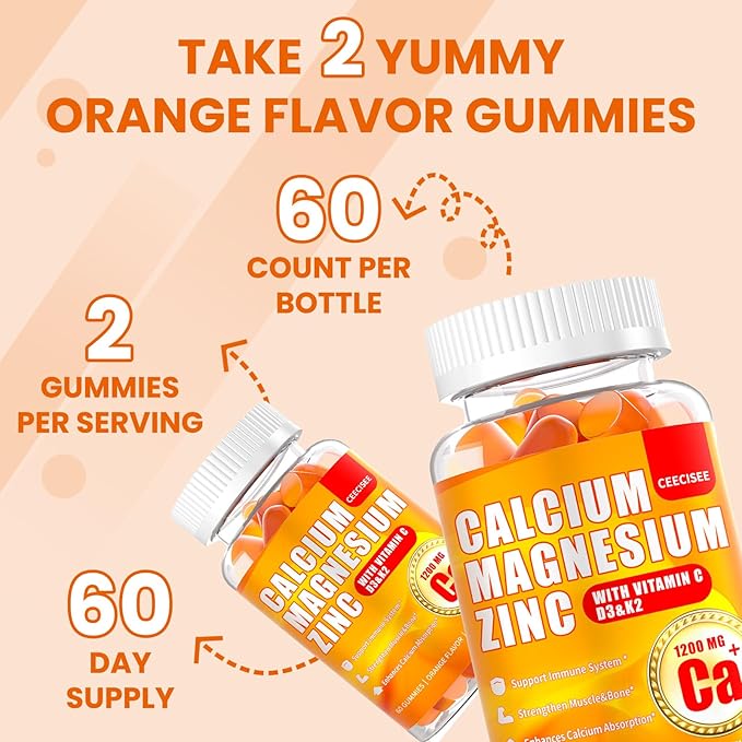 Calcium Magnesium Gummies for Women Men: 1200mg Calcium Citrate Zinc Gummy with Vitamin C D3 K2 - Vegan Sugar Free Chewable High Absorption Enegy Immune Support Supplement(120Count)