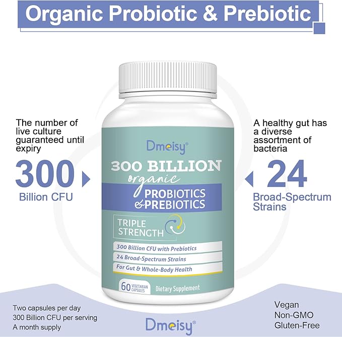Probiotics for Women and Men 300 Billion CFU 24 Strains Probiotics + 15 Organic Herbs Prebiotics Blend Shelf Stable Gut Health Supplement for Digestive Immune &amp Whole-Body Health 4 Month Supply