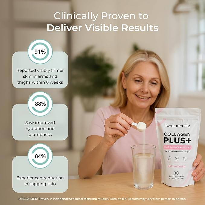Sculpiflex Hydrolyzed Collagen Peptides Powder Marine Bovine and Chicken Unflavored Multi Collagen Complex for Women Firms Skin and Boosts Elasticity Hydrating with Hyaluronic Acid (30 Servings)