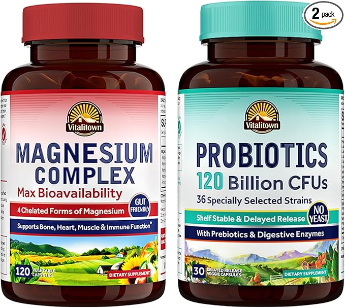Vitalitown Magnesium + Probiotic Bundle (Pack of 2) | Magnesium Complex (Item 1) &amp Probiotics 120 Billion CFUs (Item 2) | 120 Magnesium Capsules &amp 30 Probiotic Capsules