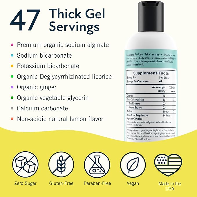Acid Reflux Therapy with Organic Alginate Rapid &amp Long Lasting Gerd LPR &amp Digestion Symptom Support Zero Sugar Gluten Free Low Sodium Lemon Ginger Flavor 47 Gel Servings 8 OZ Bottle