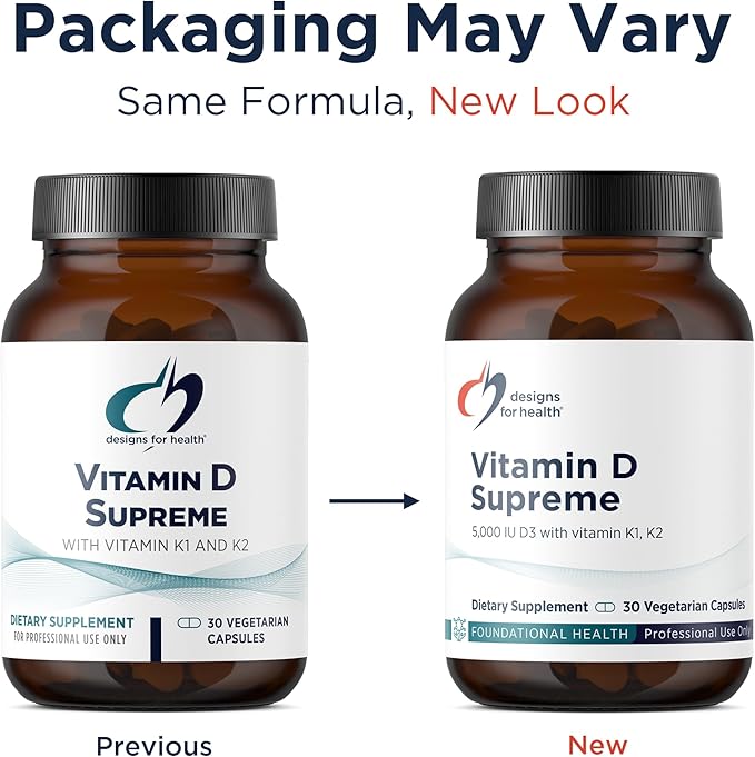 Designs for Health Vitamin D Supreme - Vitamin D 5000 IU with 2000mcg Vitamin K as MK4 for Bone Health Heart Health Mood &amp Immune Support - Vitamin D3 Enhanced with GG Supplement (30 Capsules)