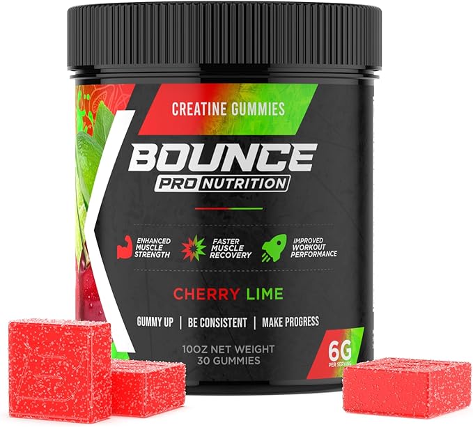 Bounce Pro Creatine Monohydrate Gummies for Men &amp Women Low Calorie 6G of Creatine per Serving Vegan Anti-Melting Gluten-Free Non-GMO 2g of Creatine per Gummy (30ct Cherry Lime)