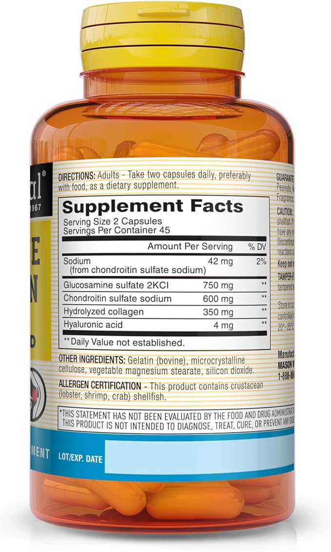 MASON NATURAL Glucosamine Chondroitin with Collagen &amp Hyaluronic Acid 45-Day Supply Capsules for Normal Joint Mobility Flexibility &amp Aging Support 90 Capsules